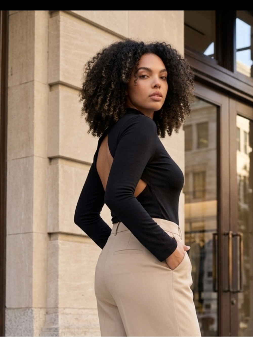 French Connection Black Long-Sleeve Open-Back Top Size XL